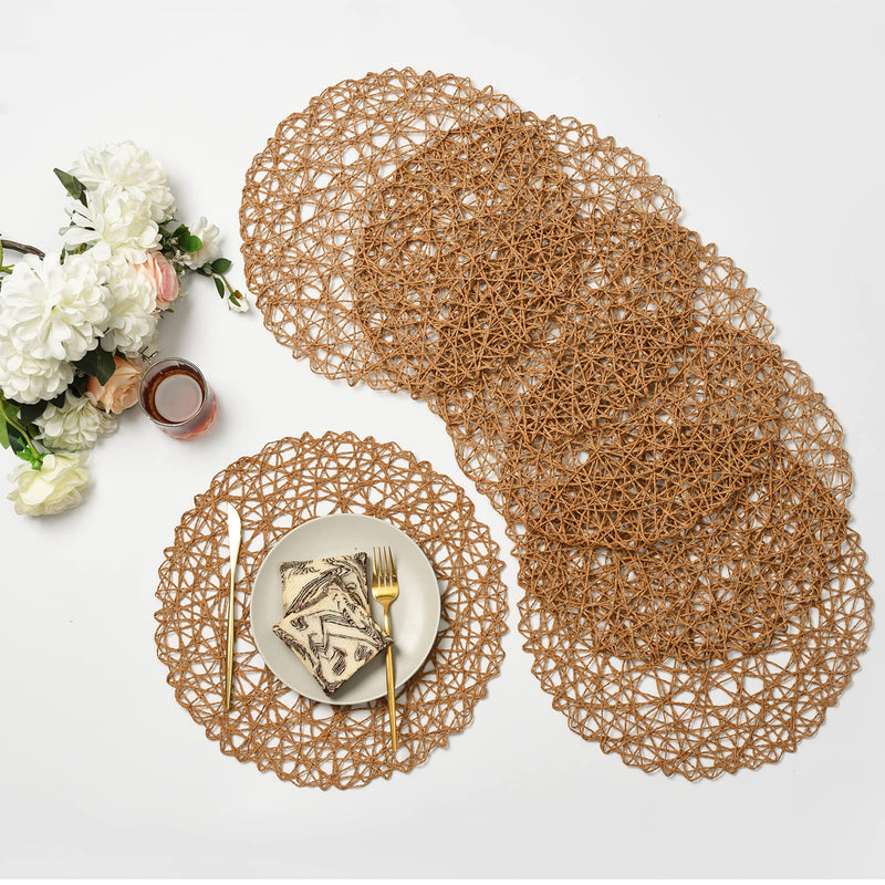 [Australia - AusPower] - IcosaMro Brown Round Placemats for Dining Table Set of 6 Small Woven Paper Heat Resistant Circle Table Mats Place Mats for Table Decor Holiday Christmas Wedding Accent Centerpiece, 12.9 Inches 