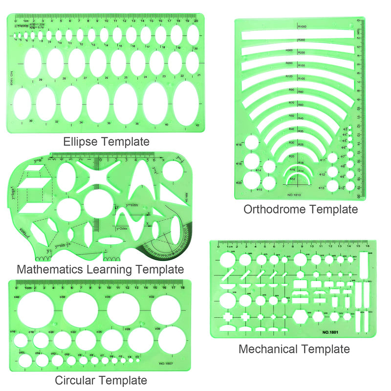 [Australia - AusPower] - 11PCS Geometric Drawings Templates, Drafting Stencils Measuring Tools, BetyBedy Plastic Clear Green Ruler Shapes with a Zipper Bags for Architecture, Office, Studying, Designing and Building 