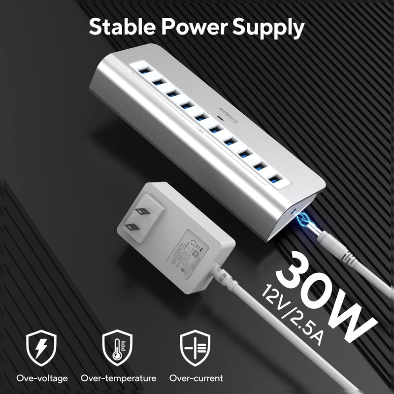 [Australia - AusPower] - Powered USB Hub, intpw 10 Port USB 3.1 Hub with 10Gbps Data Transfer, 30W(12V/2.5A) Power Adapter, USB Type A and Type C Cable, Aluminum USB Splitter for Laptop, MacBook and Desktop Computer 