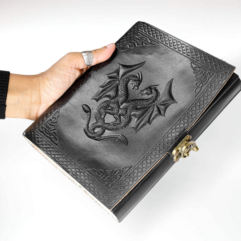 [Australia - AusPower] - Handmade Leather Double Dragon Journal/Writing Notebook Diary/Bound Daily Notepad for Men & Women Unlined Paper Medium, Writing pad Gift for Artist, Sketch (7 X 5, Black) 7 X 5 