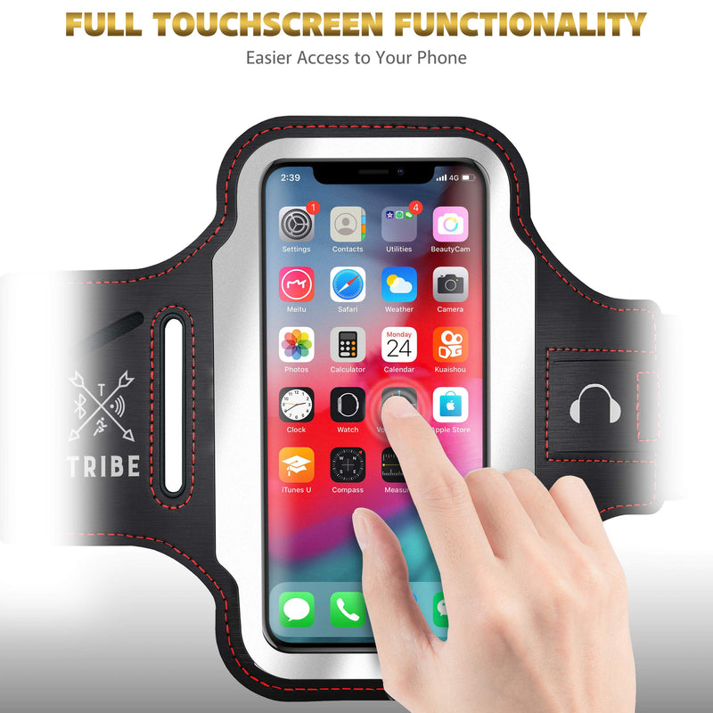 [Australia - AusPower] - TRIBE Running Phone Holder Armband. iPhone & Galaxy Cell Phone Sports Arm Bands for Women, Men, Runners, Jogging, Walking, Exercise & Gym Workout. Fits All Smartphones. Adjustable Strap, CC/Key Pocket M: iPhone Pro/X/XS/Galaxy S (Not Plus) Black Red 