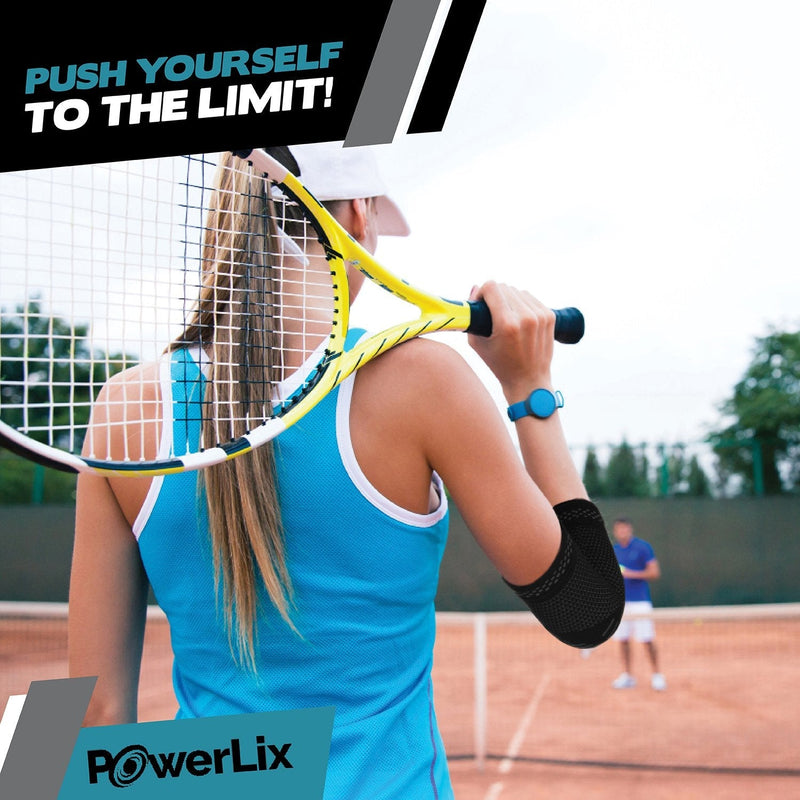 [Australia - AusPower] - PowerLix Elbow Brace Compression Support (Pair) - Elbow Sleeve for Tendonitis, Tennis Elbow Brace and Golfers Elbow Treatment, Arthritis, Workouts, Weightlifting – Reduce Elbow Pain Black Large 