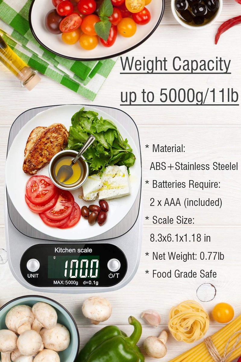 [Australia - AusPower] - Digital Kitchen Scale 5000g/0.1g Multifunction Electronic Food Weight Gram Ounce 11lb/G OZ ML CT KG TL LB FL:OZ/Stainless Steel/High Precision/Tare Digital Food Scale Cooking Baking,Batteries Included 