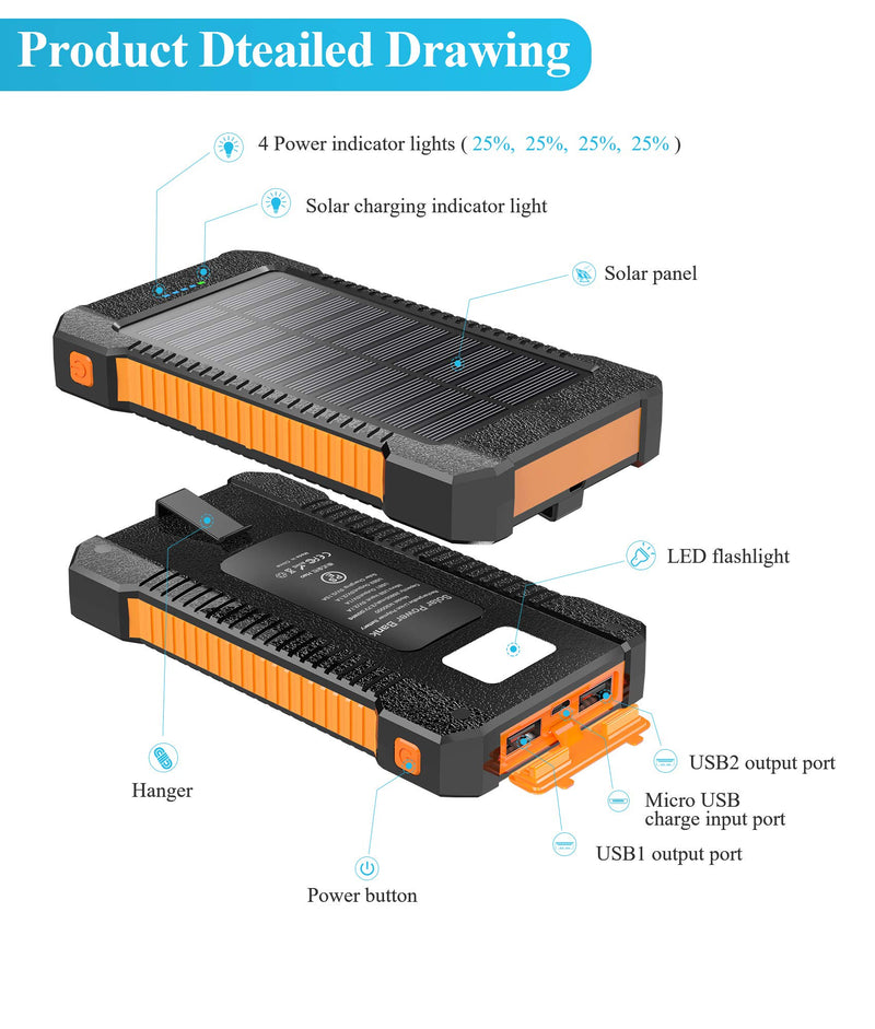 [Australia - AusPower] - Solar Power Bank Portable Solar Phone Charger 26800mAh, Battery Pack with 2 USB Outputs/LED Flashlight Phone Chargers, Waterproof Solar Panel Charging Orange 