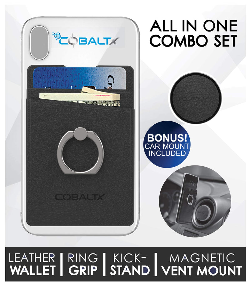 [Australia - AusPower] - COBALTX Leather Cell Phone Ring Wallet Adhesive and Matching Magnetic car Vent Mount Card Holder Back of Phone All in one Combo Wallet Ring Grip Kick Stand Phone Wallet Stick on with Ring (Black2) Black2 