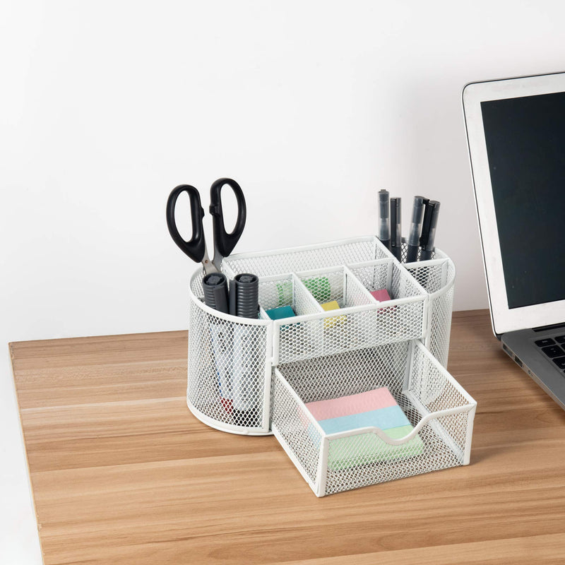 [Australia - AusPower] - VANRA Metal Mesh Desk Supply Caddy Desktop Office Supplies Organizer Supply Holder 8 Compartments with Drawer (White) White 