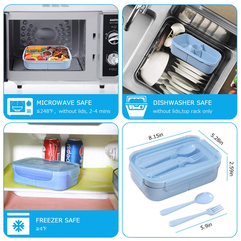 [Australia - AusPower] - Bento Box for Kids Lunch Containers with 4 Compartments Kids Bento Lunch Box Microwave/Freezer/Dishwasher Safe (Flatware Included,Light Blue) Light Blue Wheat Fiber 