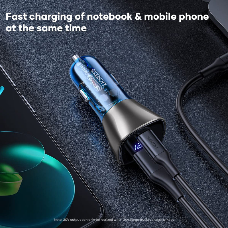 [Australia - AusPower] - Licheers USB C Car Charger, 63W Metal Car Charger Adapter, PD& QC 2 Ports Fast Car Phone Charger with LED Display for iPhone 13 12 Pro Max, iPad, Samsung Galaxy S21 S10 Plus, LG, MacBook, Laptop,GPS USB + Type C Port 