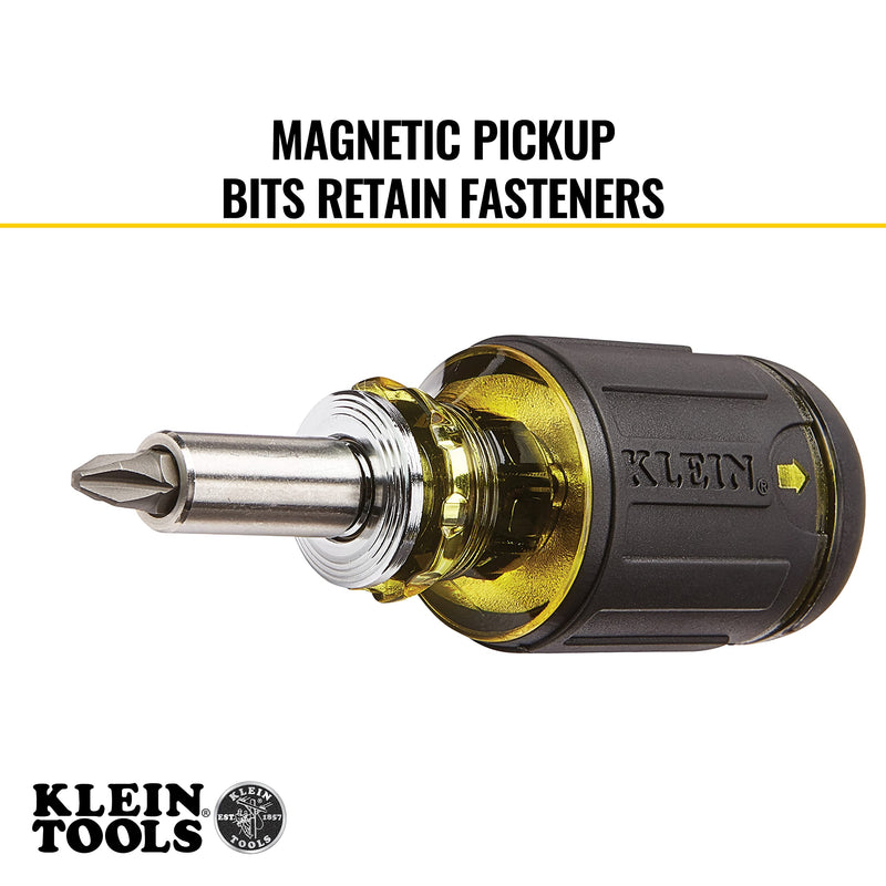 [Australia - AusPower] - Klein Tools 32308 Multi-bit Stubby Screwdriver, Impact Rated 8-in-1 Adjustable Magnetic Tool with Phillips, Slotted, Square and Nut Driver 8-in-1 Stubby 