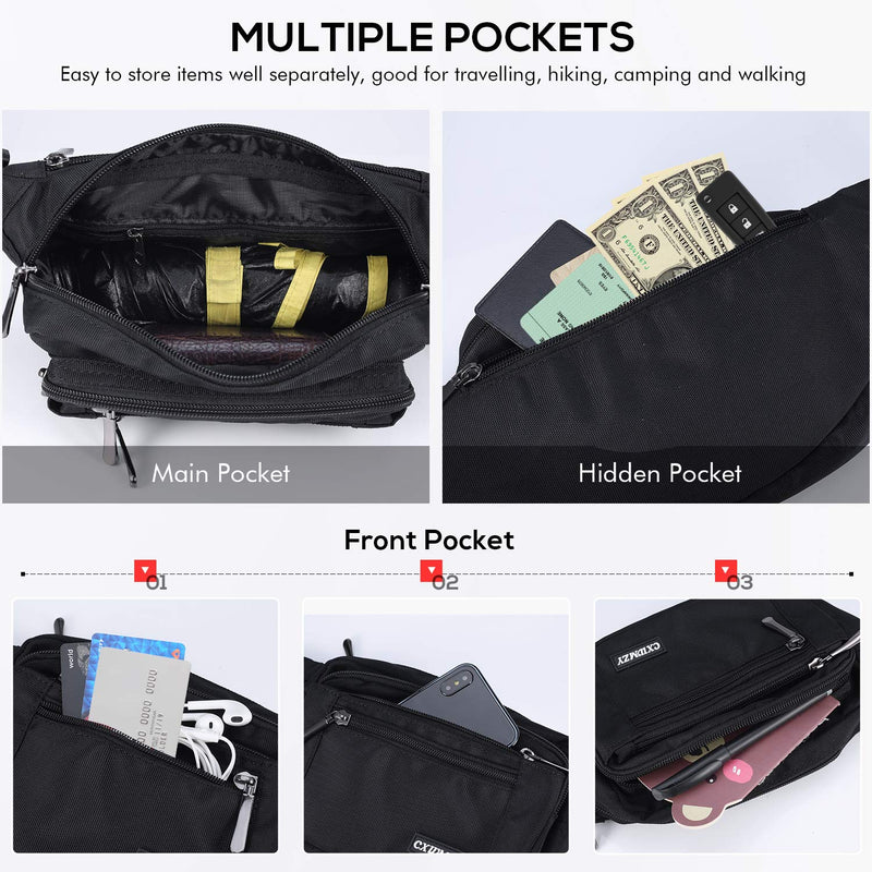 [Australia - AusPower] - CXWMZY Waist Pack Bag Fanny Pack for Men&Women Hip Bum Bag with Large Capacity Waterproof Adjustable Strap Suitable for Outdoors Workout Traveling Casual Running Hiking Cycling Dog Walking Fishing Black 