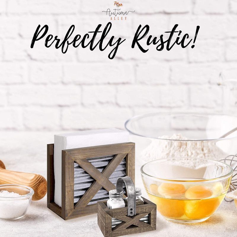 [Australia - AusPower] - Autumn Alley Barn Door Rustic Salt and Pepper Shakers Set in Wood and Galvanized Caddy | Farmhouse Salt and Pepper Shakers For Rustic Kitchen Decor | Rustic Kitchen Accessory for your Country Kitchen 