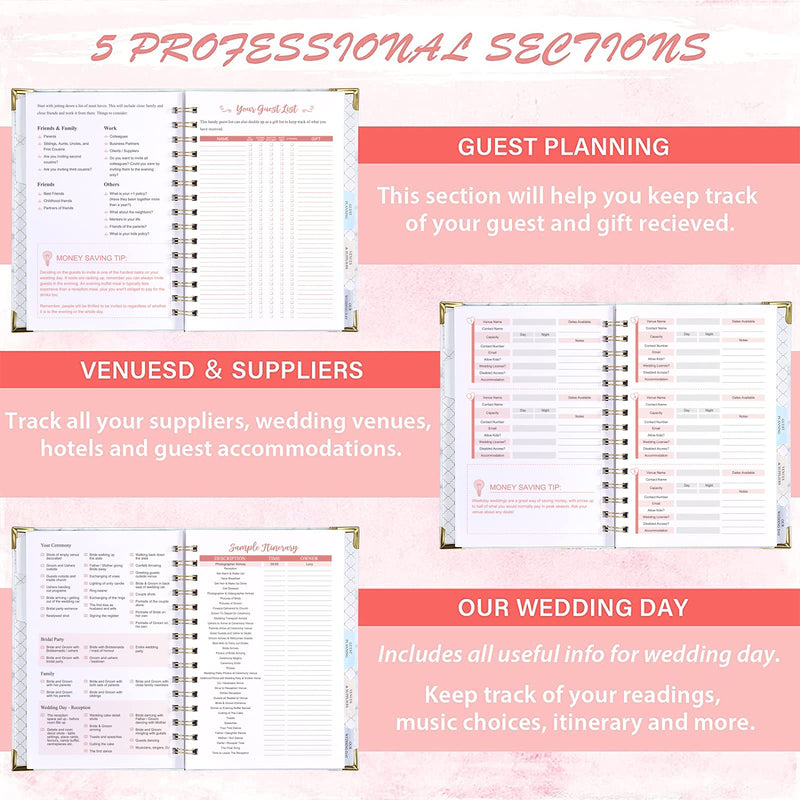 [Australia - AusPower] - Wedding Planner - Wedding Planner Book and Organizer for The Bride with 5 Tabbed Sections, 6.5" x 8.75", Hardcover with Metal Corner + 5 Inner Pocket + Sticker + Notes Pages - Wedding Floral 