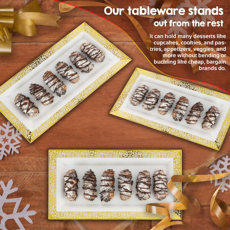 [Australia - AusPower] - Yumchikel-Decorative Plastic Serving Tray & Platter Set (4pk) - Gold & White Disposable Party Trays & Platters for Food - Weddings, Upscale Parties, Dessert Table, Cupcake display - 14x7.5 inches 