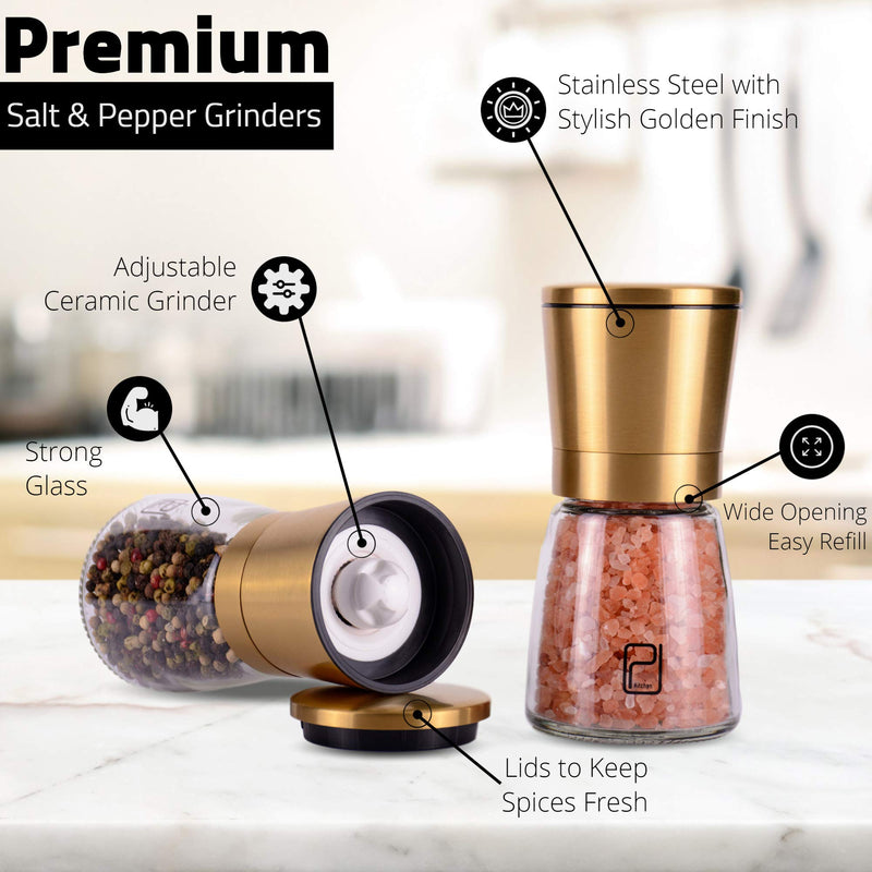 [Australia - AusPower] - Gold Salt and Pepper Grinder Set - Golden Salt and Pepper Shaker Mill - Brass Pepper Grinders Refillable - Adjustable Coarseness - Sea Salt, Black Peppercorn 