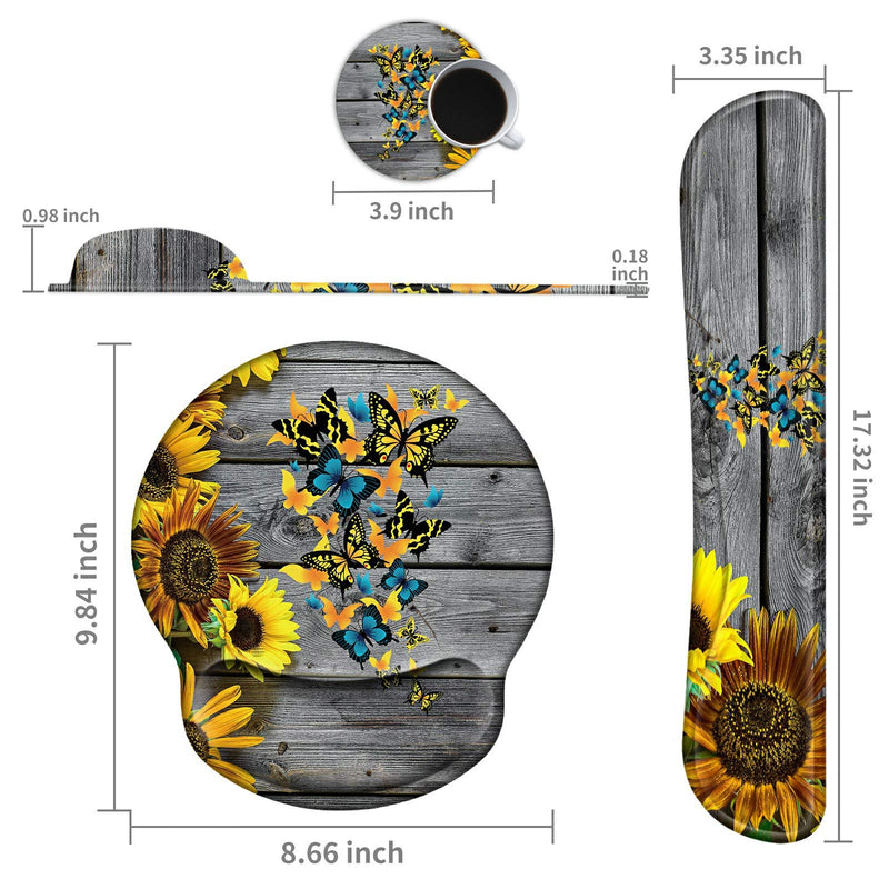[Australia - AusPower] - Keyboard Wrist Rest Pad and Mouse Pad Wrist Rest Support Set, Ergonomic Gaming Mousepad Durable Smooth Surface Non-Slip Base Sunflower Butterfly Design for Computer Laptop Home Office + Cute Coasters Yellow Sunflowers and Butterflies 