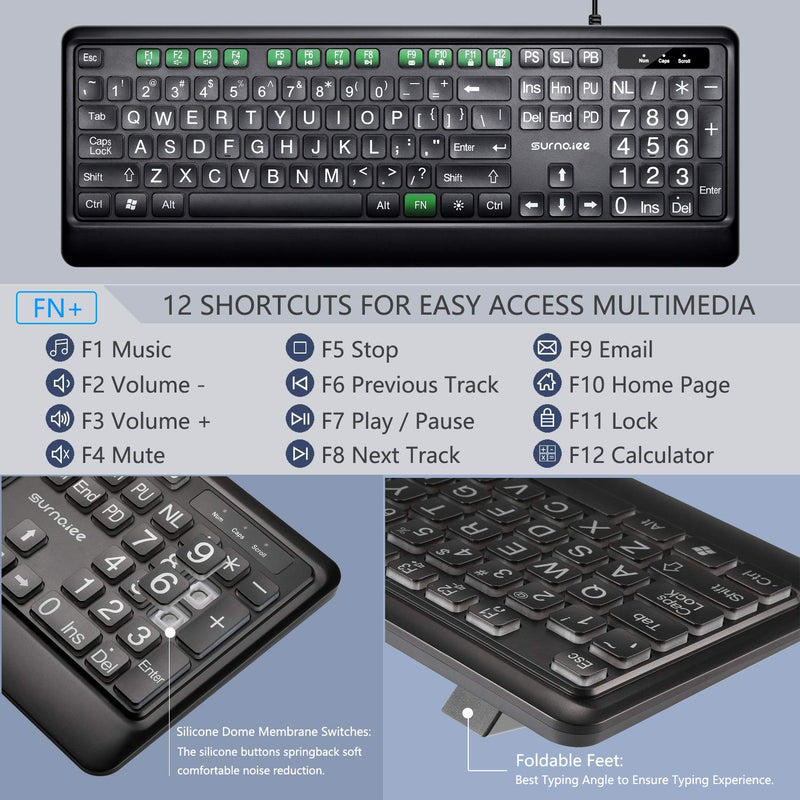[Australia - AusPower] - SurnQiee Large Letter Print Keyboard, 104 Keys Standard Full Size USB Wired White LED Backlit Computer Keyboard (KB612) 