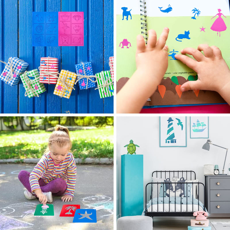 [Australia - AusPower] - 20 PCS Ocean Creatures Stencils for Kids, 8 x 8 Inch ViikiFain Drawing Stencils for Painting on Wood Colorful Sidewalk Chalk Stencils with 4 Pcs Stickers for Kids, Reusable DIY Art and Craft Stencils #2 
