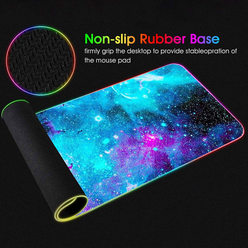 [Australia - AusPower] - RGB Gaming Mouse Pad with Coffee Coaster, XXL Large Glowing LED Mousepad, Anti-Slip Rubber Base, Computer Keyboard Desk Mouse Mat 31.5 X 11.8 Inch - Blue Galaxy Nebula Universe Space 