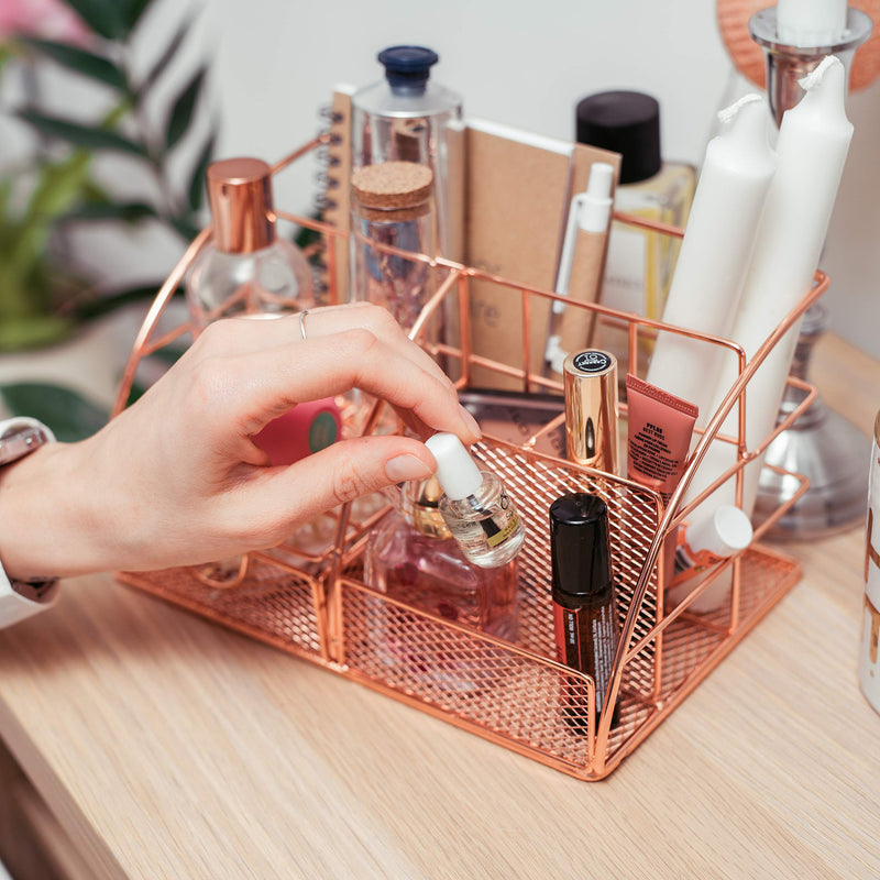 [Australia - AusPower] - Rose Gold Desk Organizer for Women Cute Home Office Accessories & Supplies Decor, Girly Desktop Stationary Essentials Organization Set, Mesh Caddy Storage 5 Compartments +1 Mini Sliding Drawer Rose Gold Small 8.7x5.5x5 