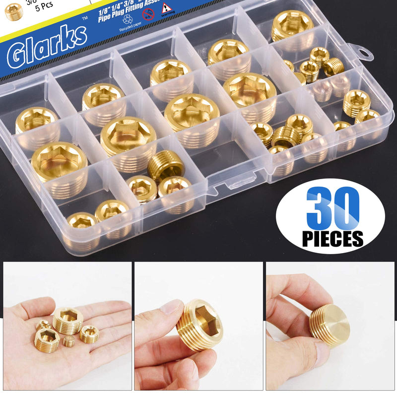 [Australia - AusPower] - Glarks 30Pcs Brass 1/8'' 1/4'' 3/8'' 1/2'' 3/4'' NPT Male Pipe Plug Fitting Set Internal Hex Thread Socket Pipe Plug Assortment Kit 30Pcs Assortment Set 