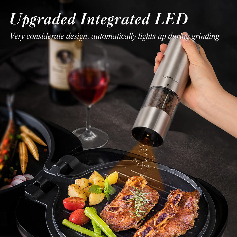 [Australia - AusPower] - SIMPLETASTE Electric Pepper Grinder Mill, Salt and Pepper Grinder Set with Automatic Operation and Adjustable Coarseness, Battery Operated, Stainless Steel, Set of 2 