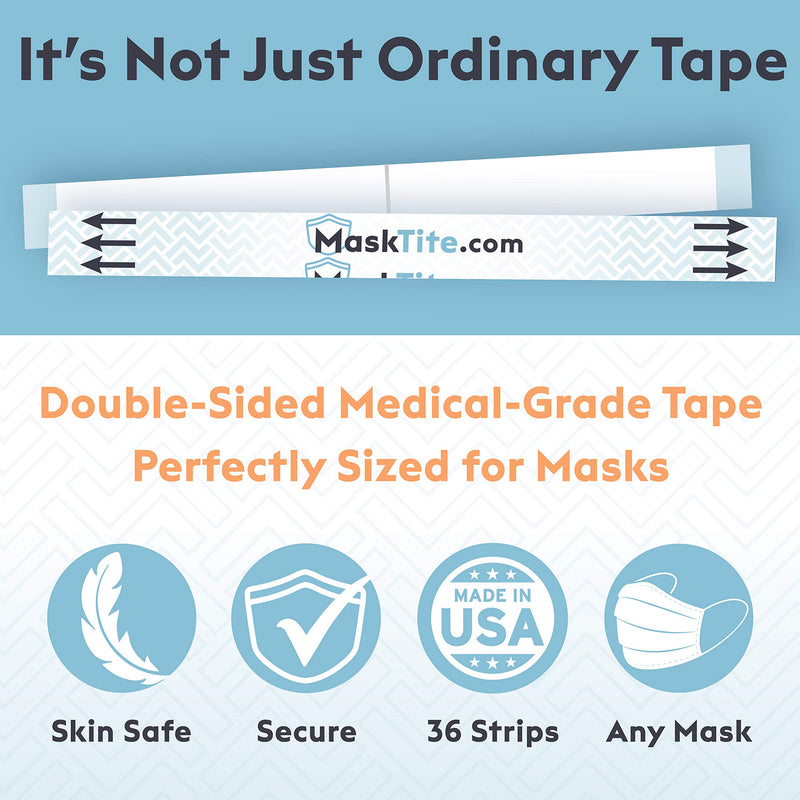 [Australia - AusPower] - MaskTite – Face Mask Tape, No Fogging Glasses. No Slipping Masks. No Gaps. Made in USA. Gentle, Medical-Grade, Hypoallergenic, Latex Free, Double-Sided Tape 36 Precut Strips. Works with Any Mask. 