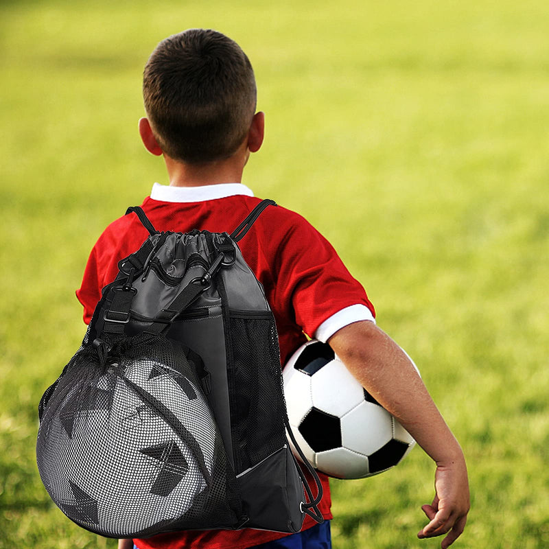 [Australia - AusPower] - KAEGREEL Drawstring Soccer Bag for Boys, Foldable Basketball Backpack Gym Bag Sackpack Sports Sack with Detachable Ball Mesh Bag for Volleyball Baseball Yoga, Grey 