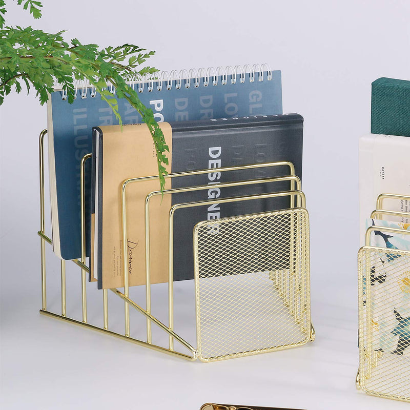 [Australia - AusPower] - Simmer Stone Incline File Sorter, 7 Slot Magazine Holder for Letter, Document, Folder and Book, Metal Desktop Organizer Rack for Home, School and Office, Gold 
