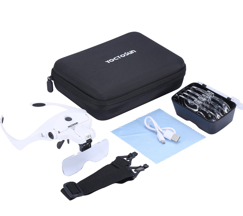 [Australia - AusPower] - YOCTOSUN Magnifying Glasses with Light, Head Mount Magnifier with 5 Lenses, Headband, Storage Case, Hands Free LED Lighted Head Magnifying Visor for Close Work Hobby Crafts Led Head Magnifier with Storage Case 