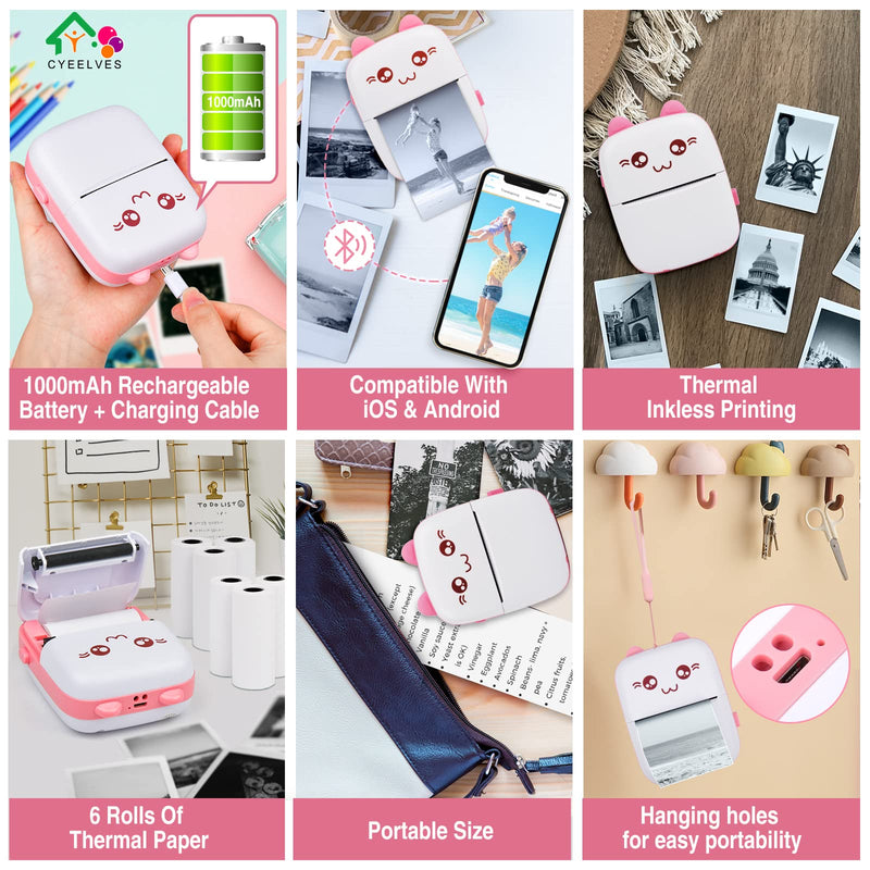[Australia - AusPower] - Mini Printer Portable, Pocket Mini Thermal Printer with 6 Rolls Printing Paper, Bluetooth Smart Mini Sticker Printer compatible with iOS Android, Inkless Printer for Photo Picture QR Code Receipt List 