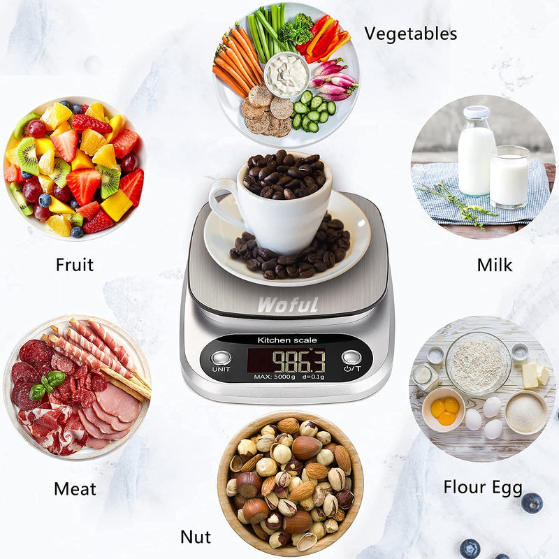 [Australia - AusPower] - Digital Kitchen Scale,Food Scale,Weight Grams and Ounces for Cooking,Baking and Weight Loss,0.01oz/0.1g Precise Graduation,11lbs,Grey Stainless Steel,Battery Included 