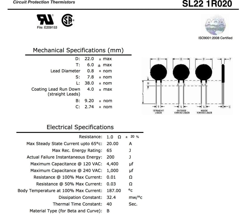 [Australia - AusPower] - Ametherm SL22 1R020 (Pack of 2) NTC THERMISTOR,ICL 1 OHM 20% 20A 22MM, (Also SG100, SG301) 