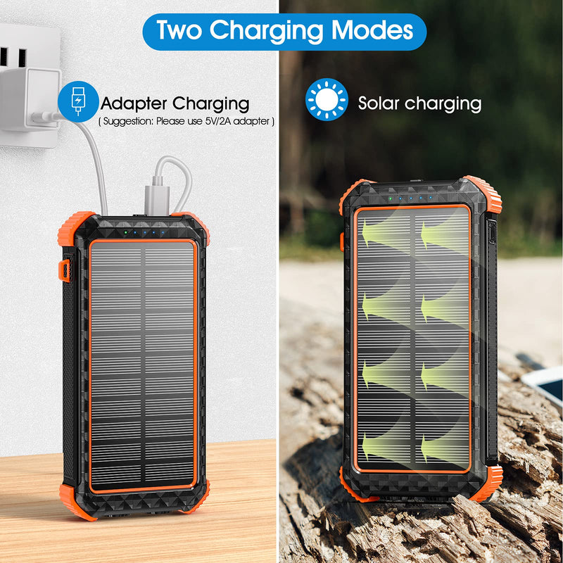 [Australia - AusPower] - Solar Power Bank 30000mAh Portable Charger with Dual LED Flashlight, 5 Output Ports 2 Input Ports Quick Charge 3.0 Solar Charger Power Bank for iPhone iPad Samsung (Orange) Orange 