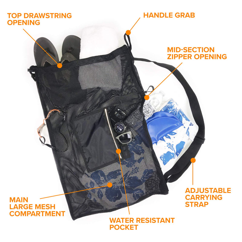 [Australia - AusPower] - Fitdom Large Mesh Swim Drawstring Sling Bag. Best for Swimming, Gym & Beach Jet Black 