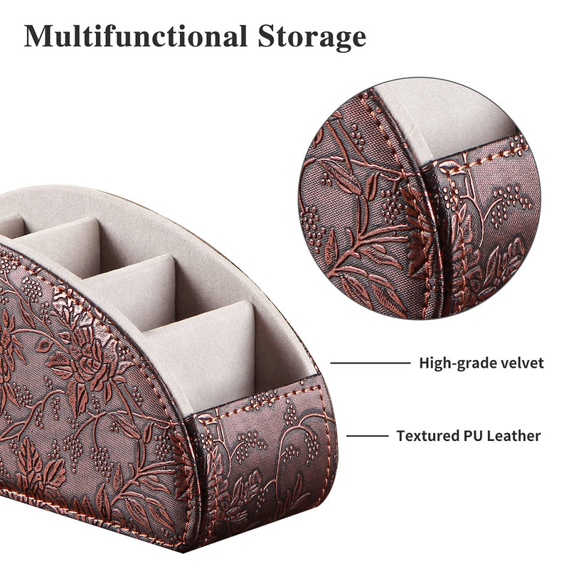 [Australia - AusPower] - All-in-One Leather Brown TV Remote Holder for Remote Conrtols with 5 Compartments Nightstand Desktop Media Player Remote Caddy Storage Box Organizer Tray for Mobile Office Stationery Phone Controller Antique Flower Small 