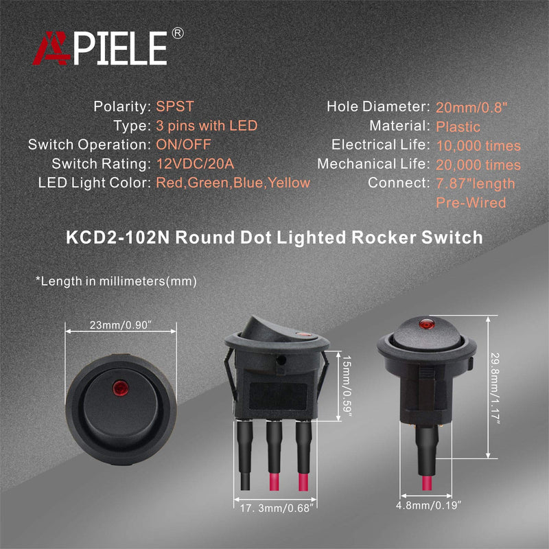[Australia - AusPower] - APIELE Rocker Toggle Switch 20 cm Pre-Wired DC 12V 20A ON-Off with Dot Light SPST 3 Pins 2 Position 10Pcs KCD2-102N-Wired (Multicolored) 10PCS Pre-wired Multi 