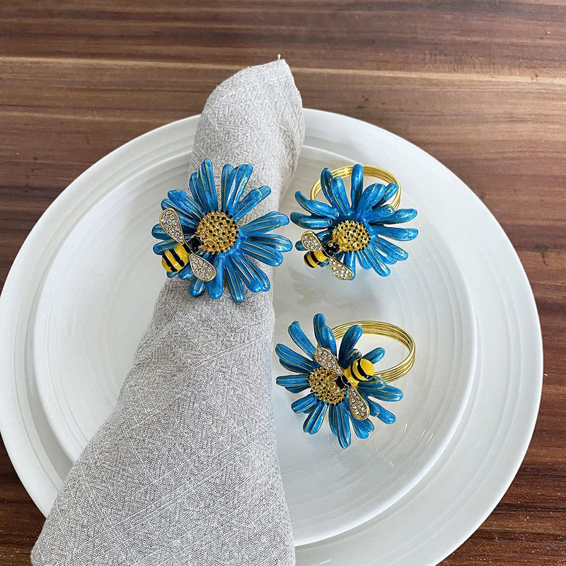 [Australia - AusPower] - Eaferm Set of 6 Bee Napkin Rings Modern Daisy Flower Napkin Holder Tablescape Table Place Setting Party Wedding Dining Decor Accessories (Blue) Blue 