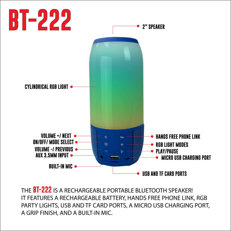 [Australia - AusPower] - QFX BT-222 LED Bluetooth Speaker | 4'' Night Light Wireless Speaker with TWS Capability, RGB Party Lights, Built-in Microphone for Hands-Free Calling 