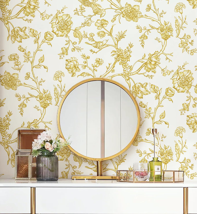 [Australia - AusPower] - Safiyya 118"x17.3" Peel and Stick Wallpaper Gold and White Contact Paper Floral Birds Wallpaper Self Adhesive Removable Wallpaper for Walls Furniture Covering Vinyl Rolls 118 In X 17.3 In 