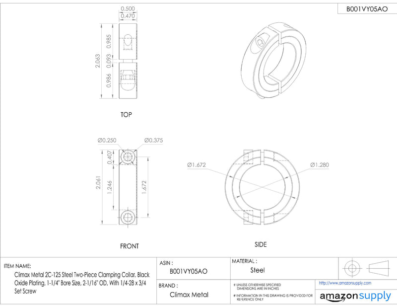 [Australia - AusPower] - Climax Metal 2C-125 Steel Two-Piece Clamping Collar, Black Oxide Plating, 1-1/4" Bore Size, 2-1/16" OD, With 1/4-28 x 3/4 Set Screw, 1 Count 