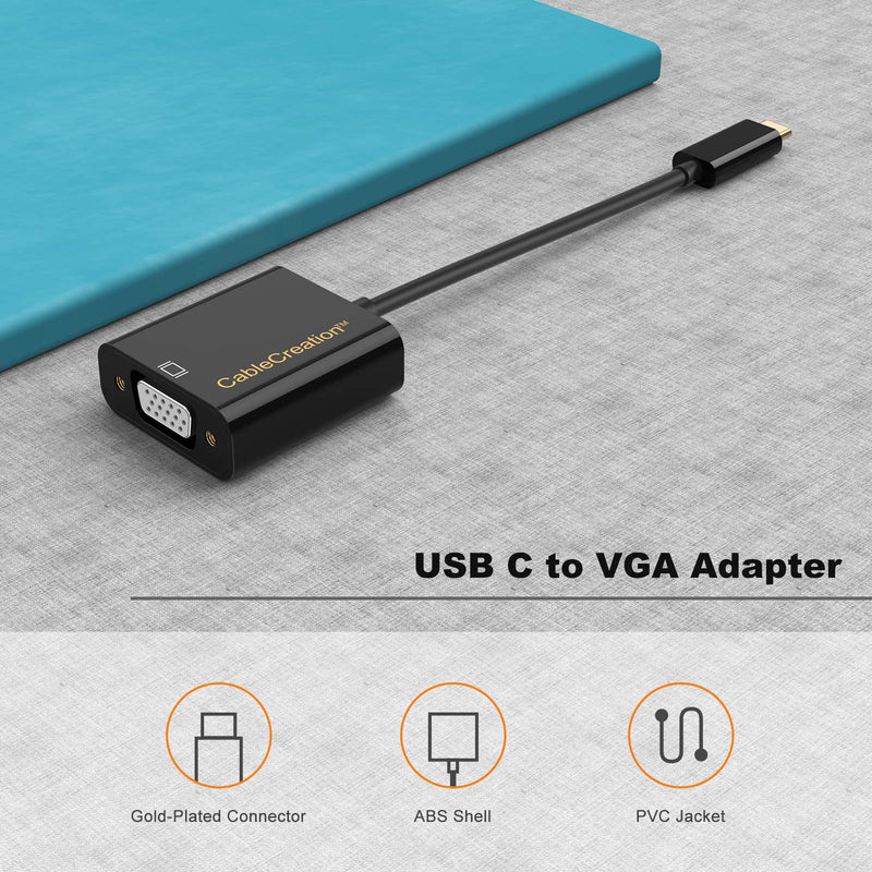 [Australia - AusPower] - USB C to VGA Adapter, CableCreation USB Type C to VGA Converter, Compatible with MacBook Pro 2020, Mac Mini, iPad Pro 2021/2020, Surface Pro 7, Chromebook Pixel, XPS 13, Galaxy S22/S20, Black Black+ABS Shell 