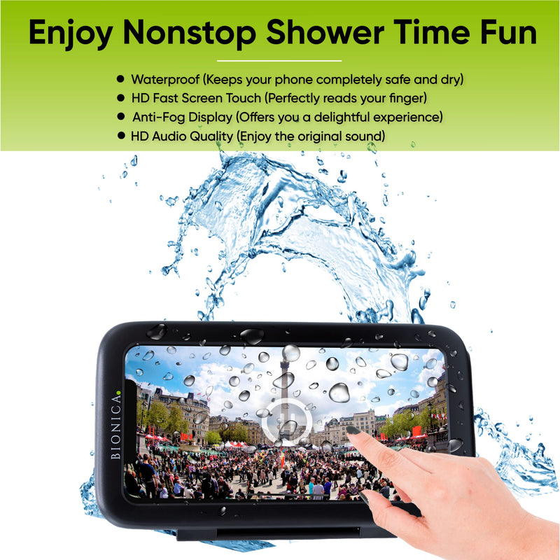 [Australia - AusPower] - BIONICA Upgraded Shower Phone Holder Waterproof Case with 3 Adhesive Wall Hooks, Anti Fog 6.8" HD Clear PVC Screen with Quick Touch Response and 360° Free Spin, (Black) Black 