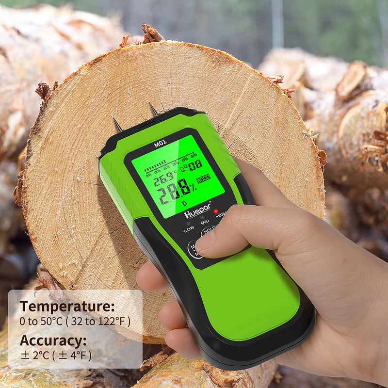 [Australia - AusPower] - Huepar Digital Wood Moisture Meter, Pin-Type Water Leak Detector with 2 Measuring Modes -8 Types of Wood Dampness Tester with Backlit LCD Display for Wood & Building Materials Humidity Inspection M01 