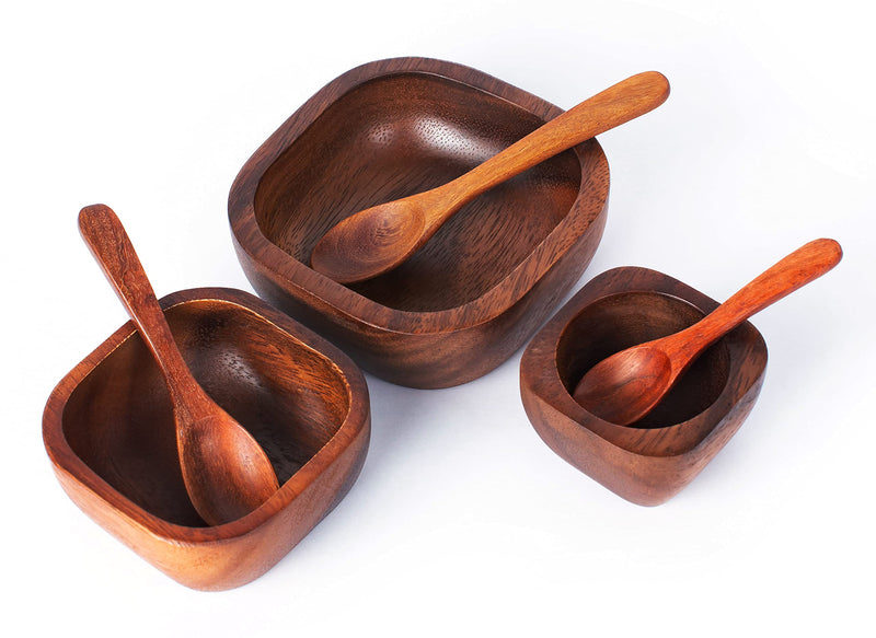[Australia - AusPower] - Tiny Acacia Wood Nesting Square Set 3 Serving Bowl 3¾”, 2¾”, 2⅛” Small 3 Wooden Spoon Mix size Stackable little Dish for Prep Salt Pepper Mustard Wasabi Dip sauce Salsa Nut Tableware Wooden Nest Bowl 