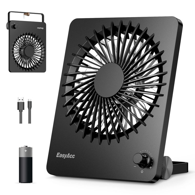 [Australia - AusPower] - Portable Desktop Battery Operated Fan, EasyAcc 6-Inch Personal Small Desk Fan, [Quiet Step-less Speed Control Fan] 160°Tilt Foldable Hanging Standing Cooling Fan for Travel Office Home Outdoor Black 