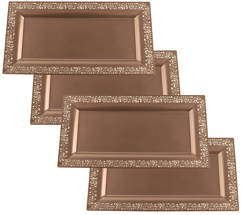 [Australia - AusPower] - 4 (pk) Yumchikel 14" x 7.5" Rose Gold Lace Rim Plastic Serving Trays & Platters | Heavy Duty Disposable Decorative Dessert Tray - Party Platters for Upscale Parties Weddings Brand: Yumchikel 
