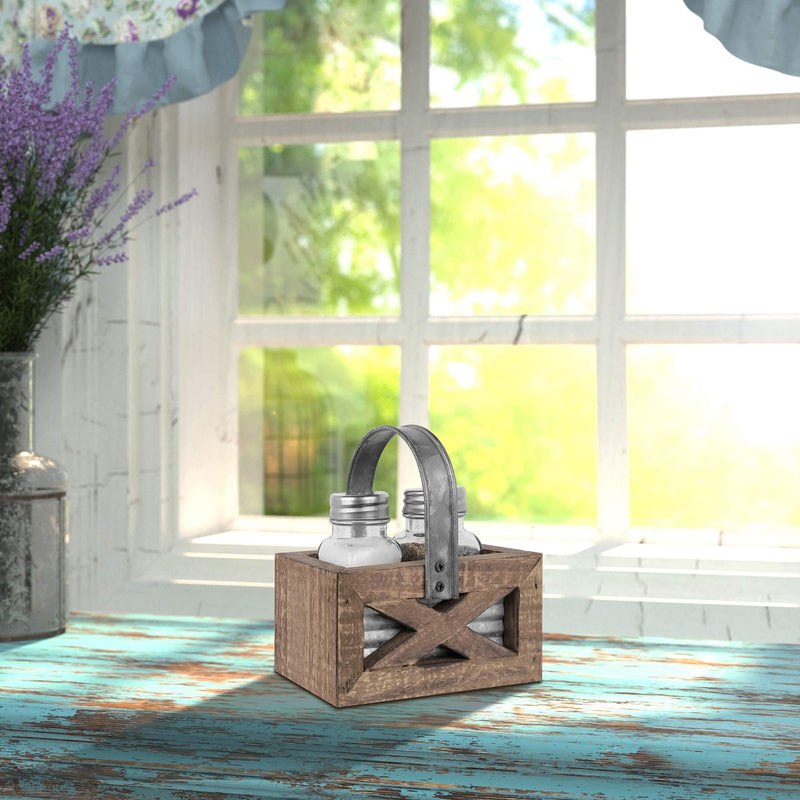 [Australia - AusPower] - Autumn Alley Barn Door Rustic Salt and Pepper Shakers Set in Wood and Galvanized Caddy | Farmhouse Salt and Pepper Shakers For Rustic Kitchen Decor | Rustic Kitchen Accessory for your Country Kitchen 