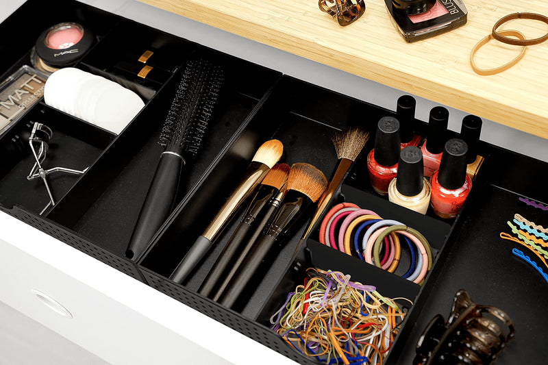 [Australia - AusPower] - CAXXA 2 Pack 3 Slot Drawer Organizer with Two Adjustable Dividers - Junk Drawer Storage for Office Desk Supplies and Accessories, Black (2 Pack) 