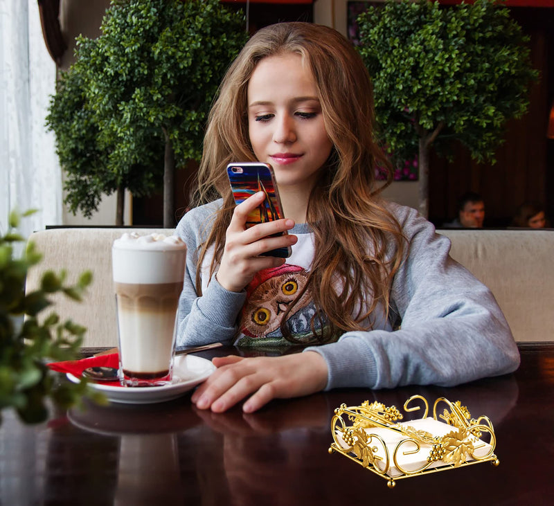 [Australia - AusPower] - Flat Napkin Holder Gold With Weight Arm for Kitchen Courtertops Dinning Table Grape Leaf Modern Tissue Dispenser Stainless Steel Gilding (7" L X 7" W X 2.5" H) 