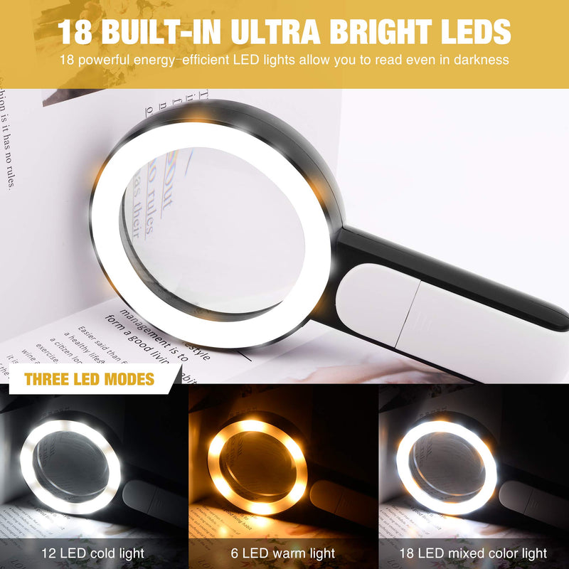 [Australia - AusPower] - JMH Magnifying Glass with Light, 30X Handheld Large Magnifying Glass 18LED Cold and Warm Light with 3 Modes, Illuminated Lighted Magnifier for Seniors Reading, Inspection, Coins, Jewelry, Exploring Black 